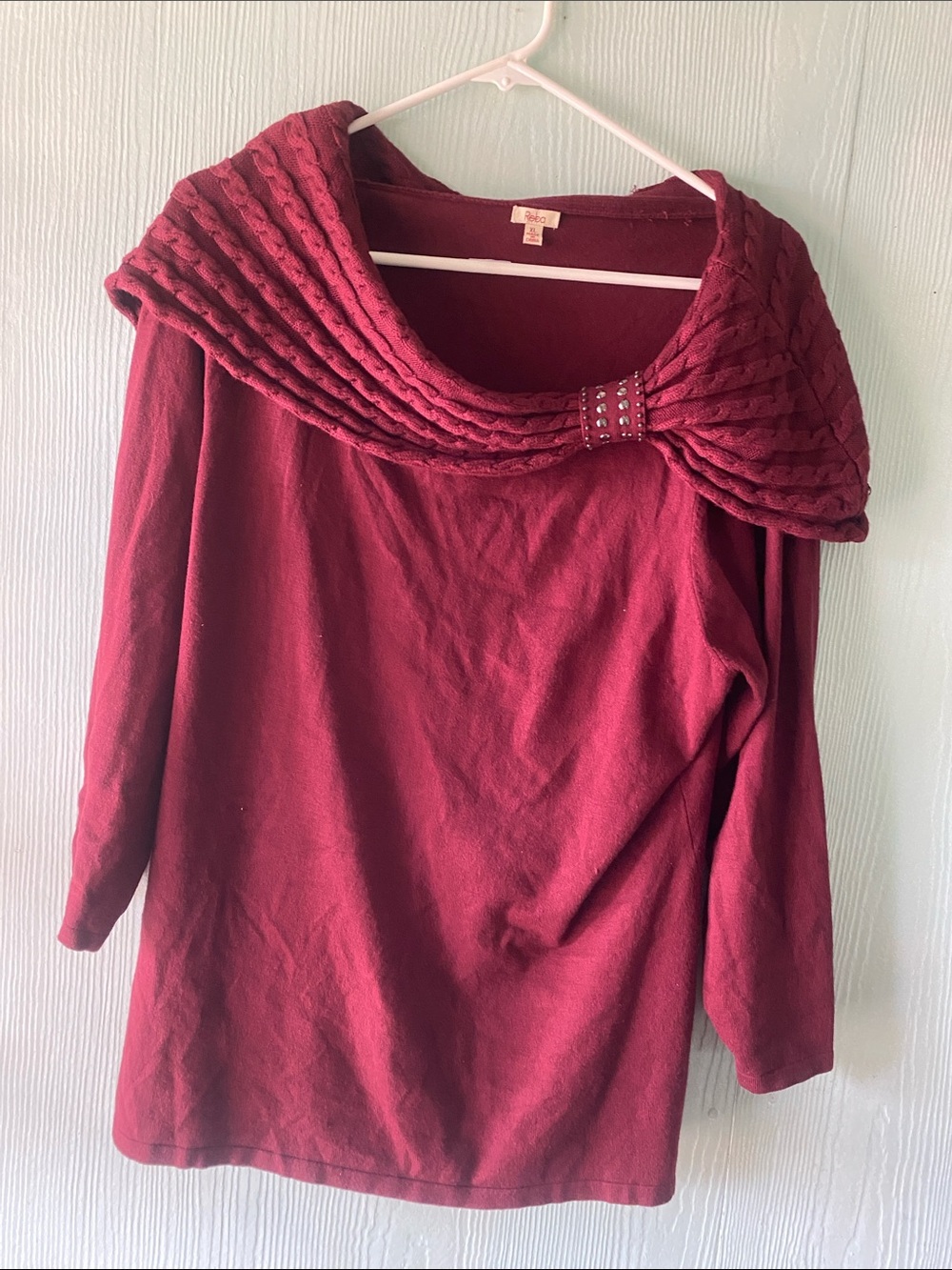 Reba Wine Off-the-Shoulder Knit Sweater with Stud Accent
